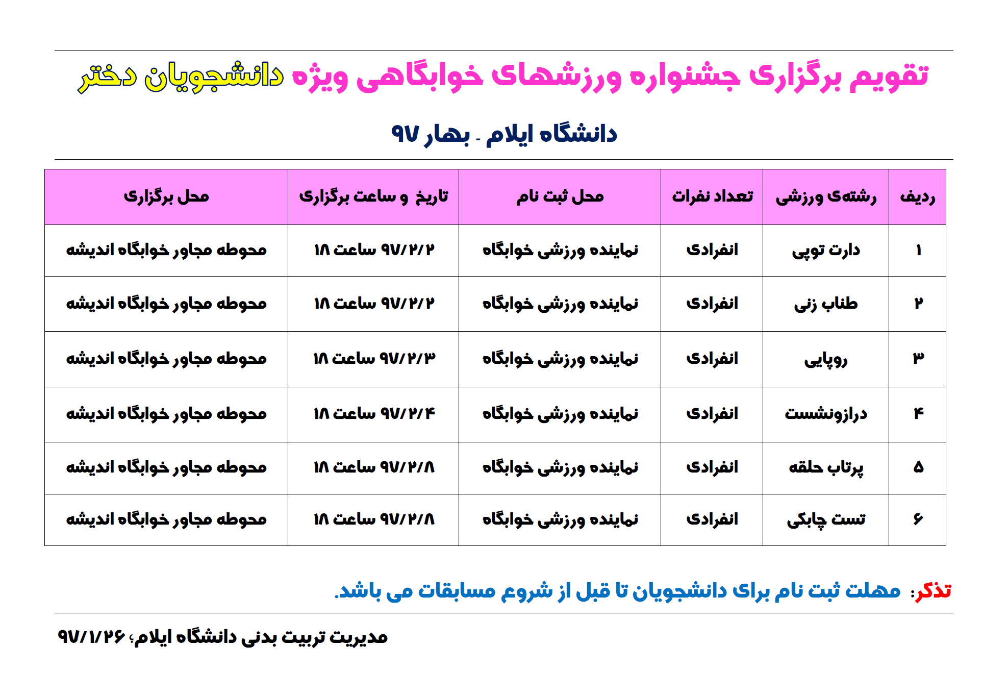 تقويم برگزاري جشنواره ورزشهاي خوابگاهي ويژه دانشجويان پسر