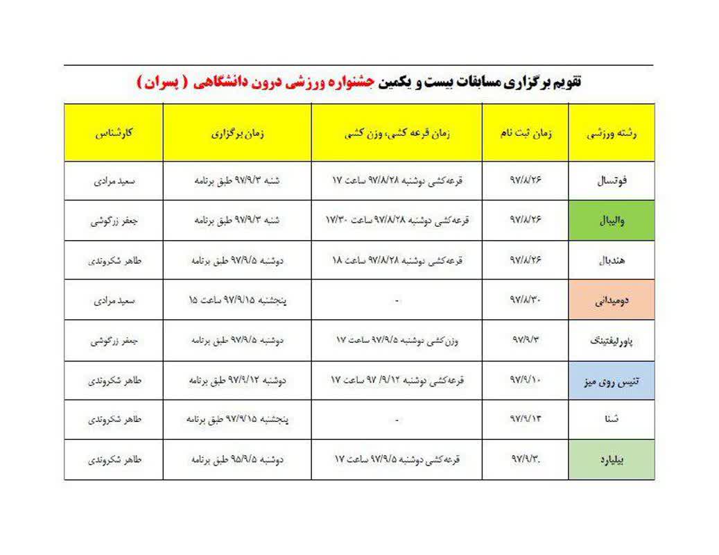  تقويم برگزاري مسابقات بيست و يکمين جشنواره ورزشي درون دانشگاهي خواهران و برادران